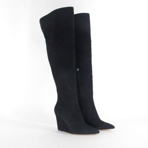 Pour la Victoire over the knee black wedge boots
